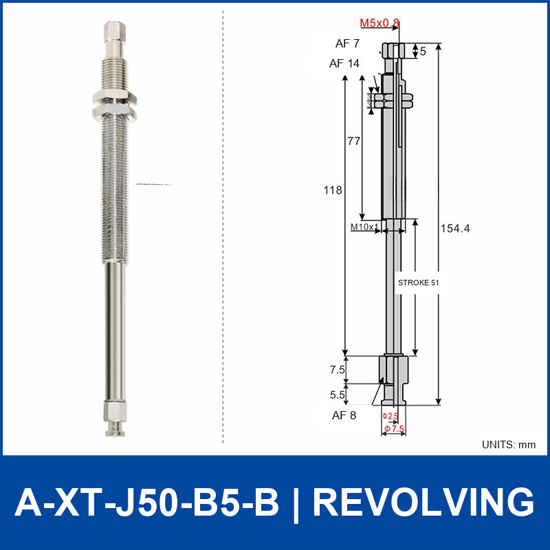 A-XT-J50-B5-B compact spring-loaded vacuum cup holder, revolving, with product view and dimensional drawing