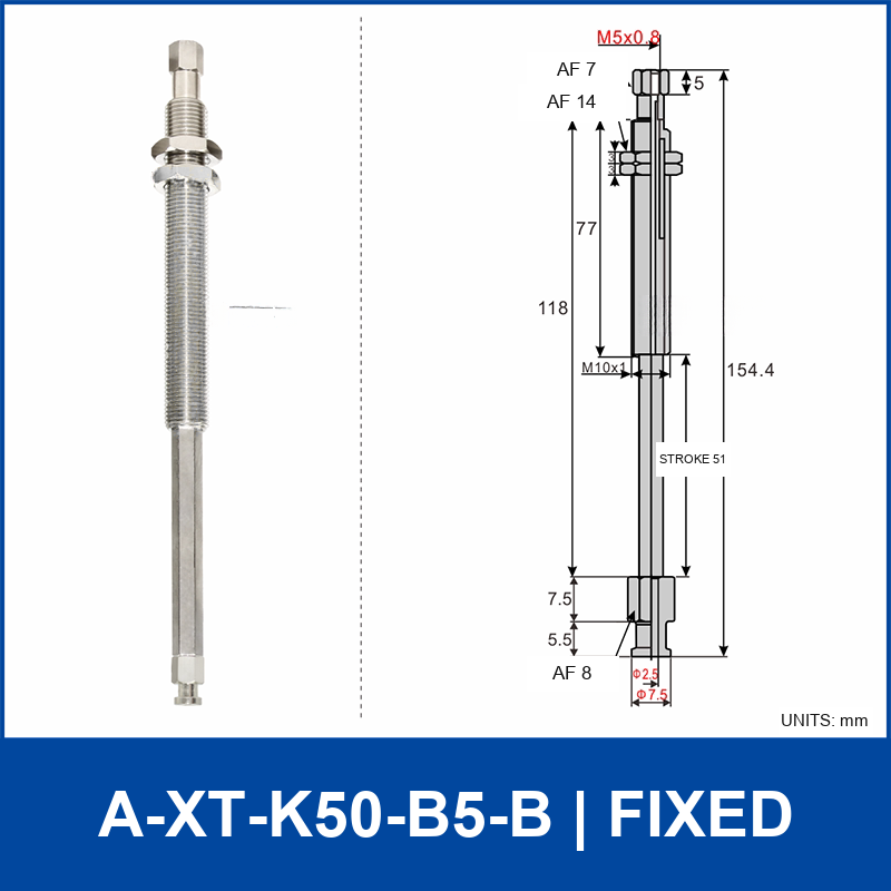 A-XT-K50-B5-B compact spring-loaded vacuum cup holder, fixed, with product view and dimensional drawing