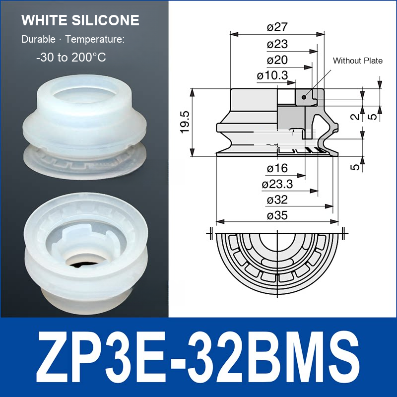 ZP3E-32BMS White Silicone heavy-duty vacuum suction cup and technical dimensions