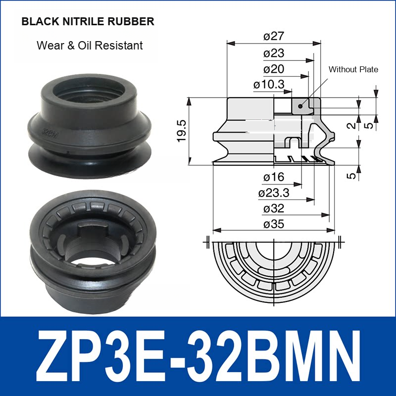 ZP3E-32BMN Black Nitrile Rubber heavy-duty vacuum suction cup and technical dimensions