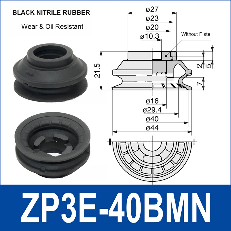 ZP3E-40BMN Black Nitrile Rubber heavy-duty vacuum suction cup and technical dimensions