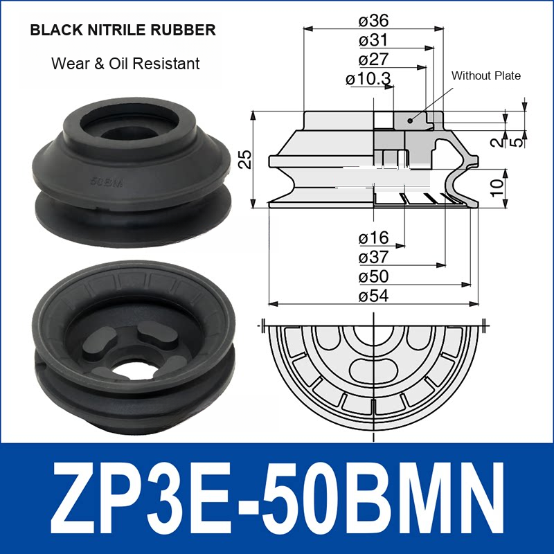 ZP3E-50BMN Black Nitrile Rubber heavy-duty vacuum suction cup and technical dimensions