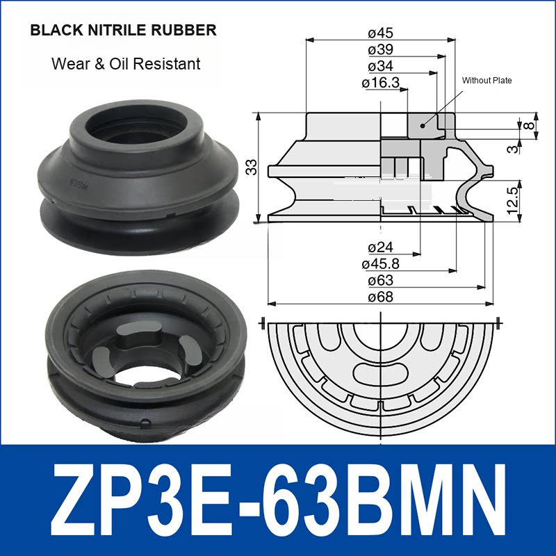 ZP3E-63BMN Black Nitrile Rubber heavy-duty vacuum suction cup and technical dimensions