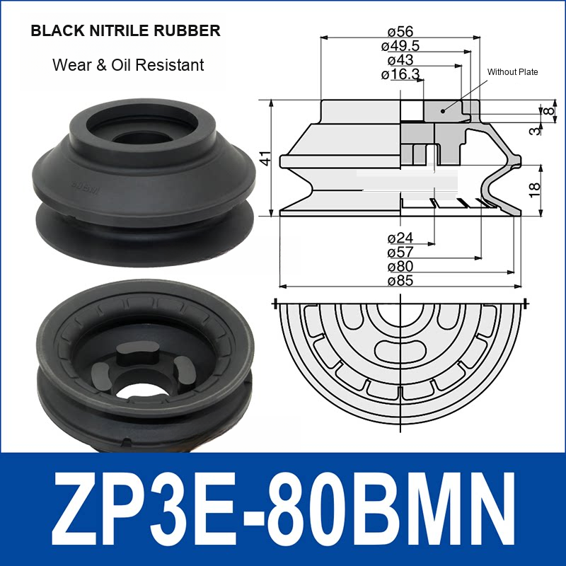 ZP3E-80BMN Black Nitrile Rubber heavy-duty vacuum suction cup and technical dimensions