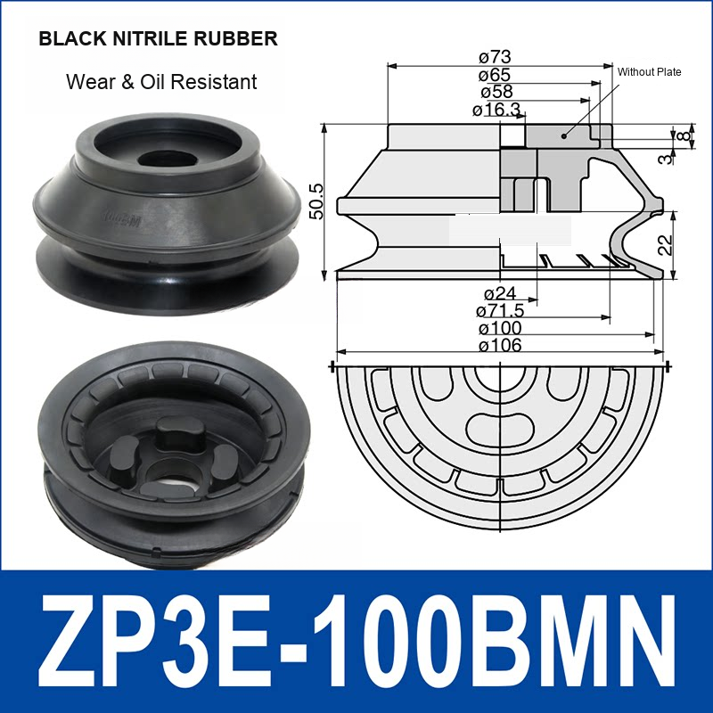 ZP3E-100BMN Black Nitrile Rubber heavy-duty vacuum suction cup and technical dimensions