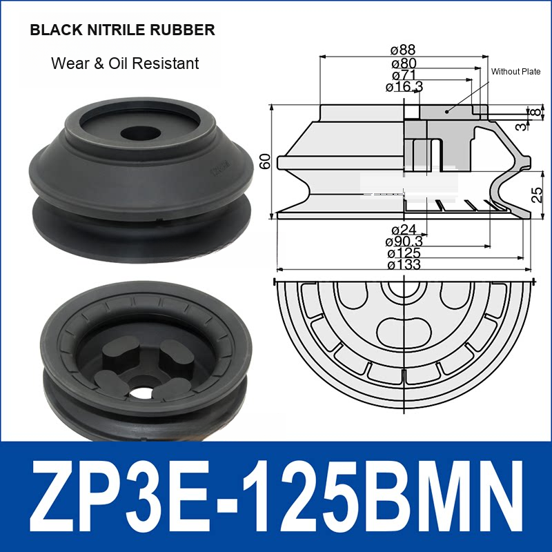 ZP3E-125BMN Black Nitrile Rubber heavy-duty vacuum suction cup and technical dimensions