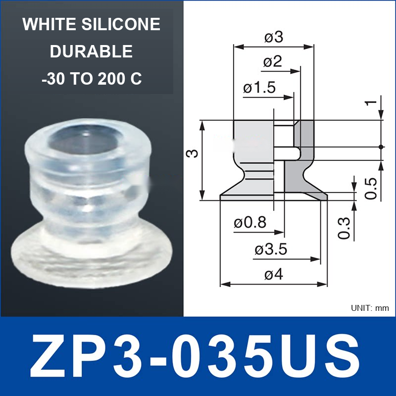 ZP3-035US – White Silicone, mini vacuum cup, White Silicone, Straight Neck, with technical dimensions