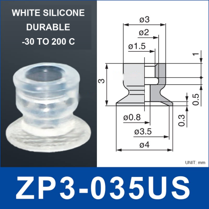 ZP3-035US – White Silicone, mini vacuum cup, White Silicone, Straight Neck, with technical dimensions