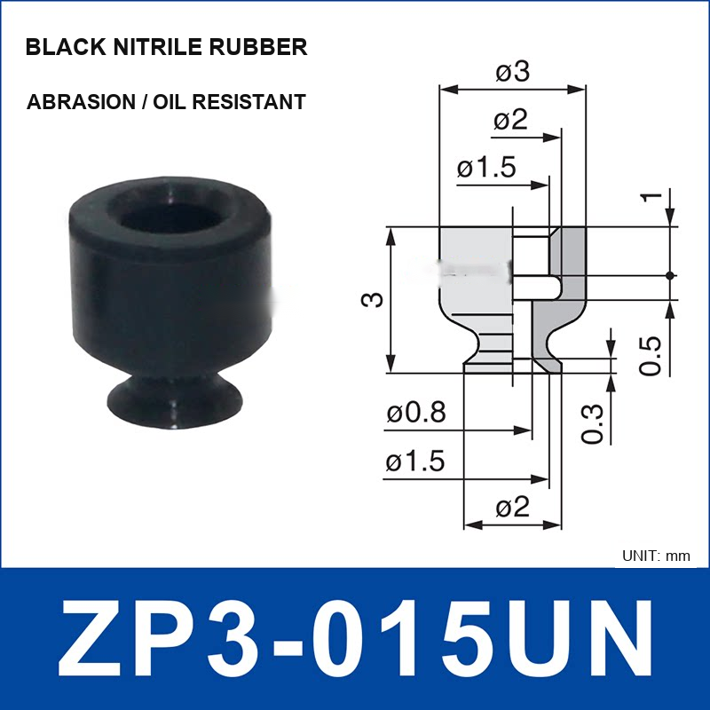 ZP3-015UN – Black Nitrile Rubber, mini vacuum cup, Black Nitrile Rubber, Straight Neck, with technical dimensions