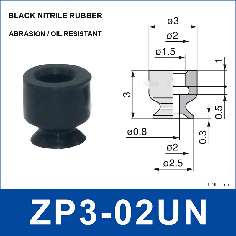 ZP3-02UN – Black Nitrile Rubber, mini vacuum cup, Black Nitrile Rubber, Straight Neck, with technical dimensions