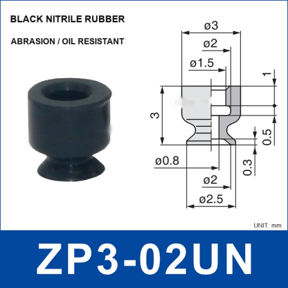 ZP3-02UN – Black Nitrile Rubber, mini vacuum cup, Black Nitrile Rubber, Straight Neck, with technical dimensions