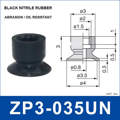 ZP3-035UN – Black Nitrile Rubber, mini vacuum cup, Black Nitrile Rubber, Straight Neck, with technical dimensions