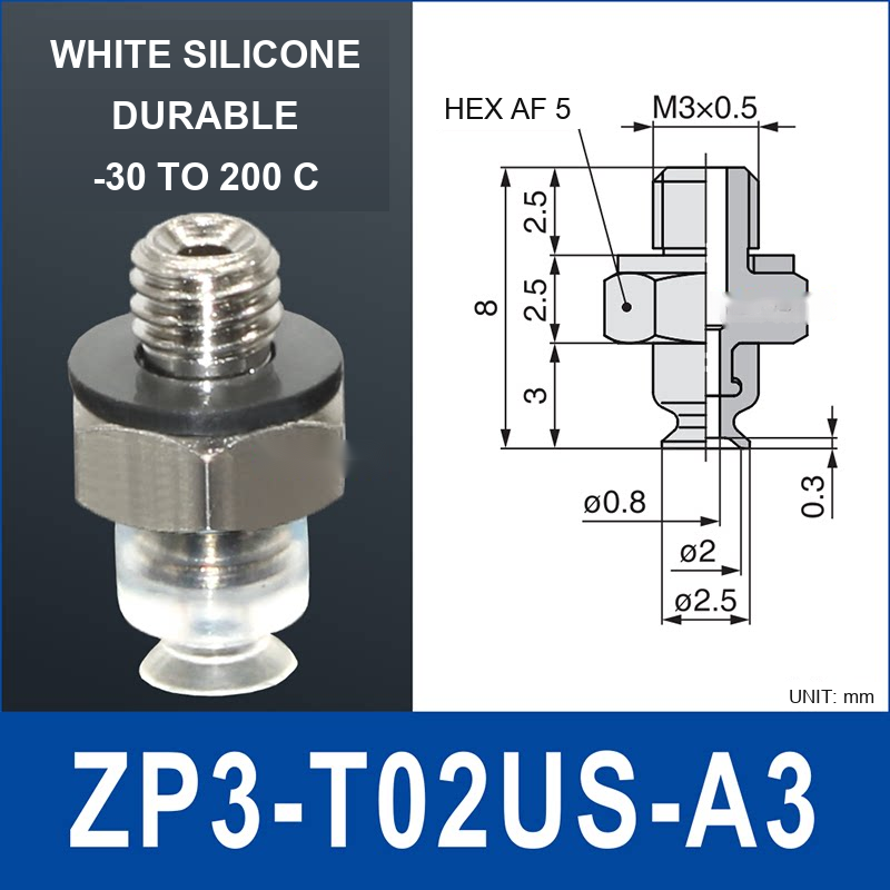 ZP3-T02US-A3 – White Silicone, vacuum cup with a3 male fitting, White Silicone, M3×0.5 Male, with technical dimensions