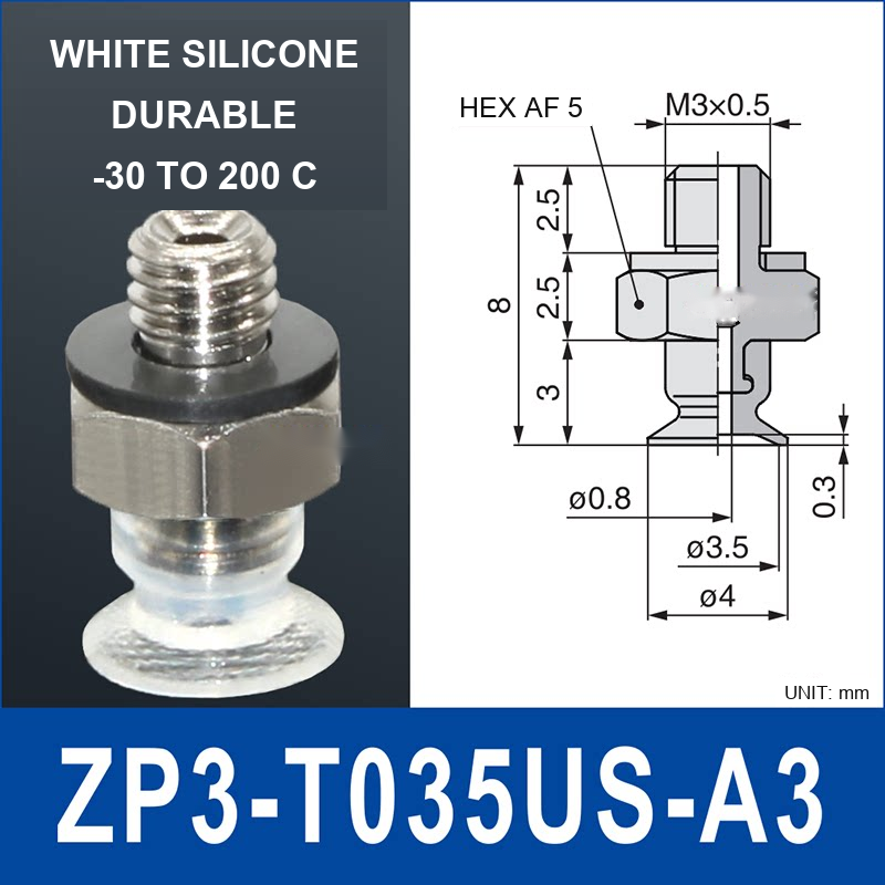ZP3-T035US-A3 – White Silicone, vacuum cup with a3 male fitting, White Silicone, M3×0.5 Male, with technical dimensions