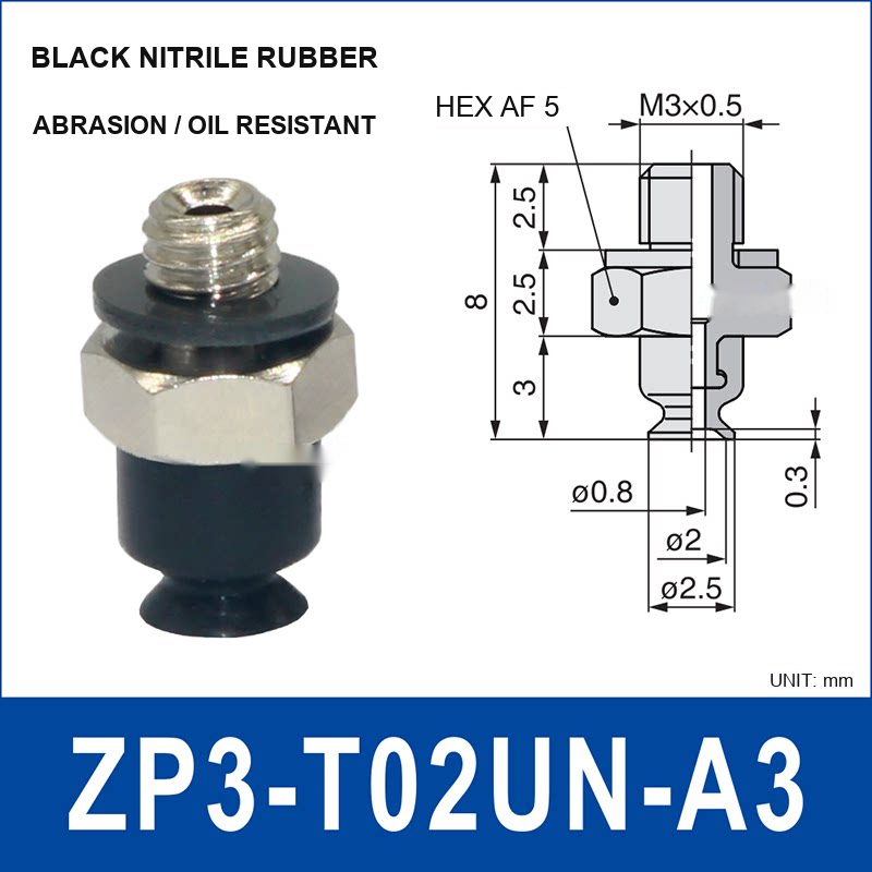 ZP3-T02UN-A3 – Black Nitrile Rubber, vacuum cup with a3 male fitting, Black Nitrile Rubber, M3×0.5 Male, with technical dimensions