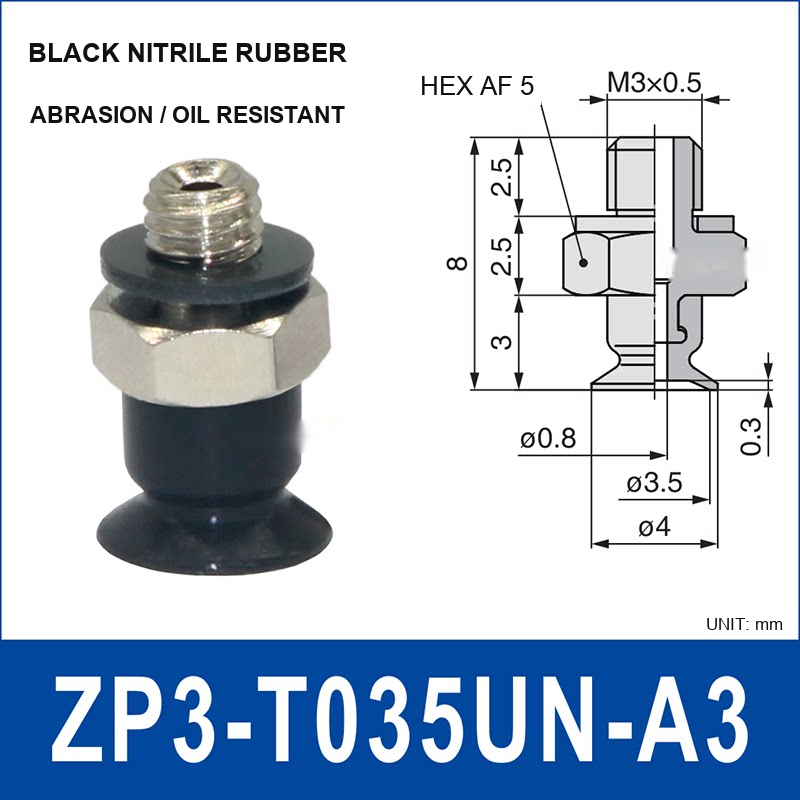 ZP3-T035UN-A3 – Black Nitrile Rubber, vacuum cup with a3 male fitting, Black Nitrile Rubber, M3×0.5 Male, with technical dimensions