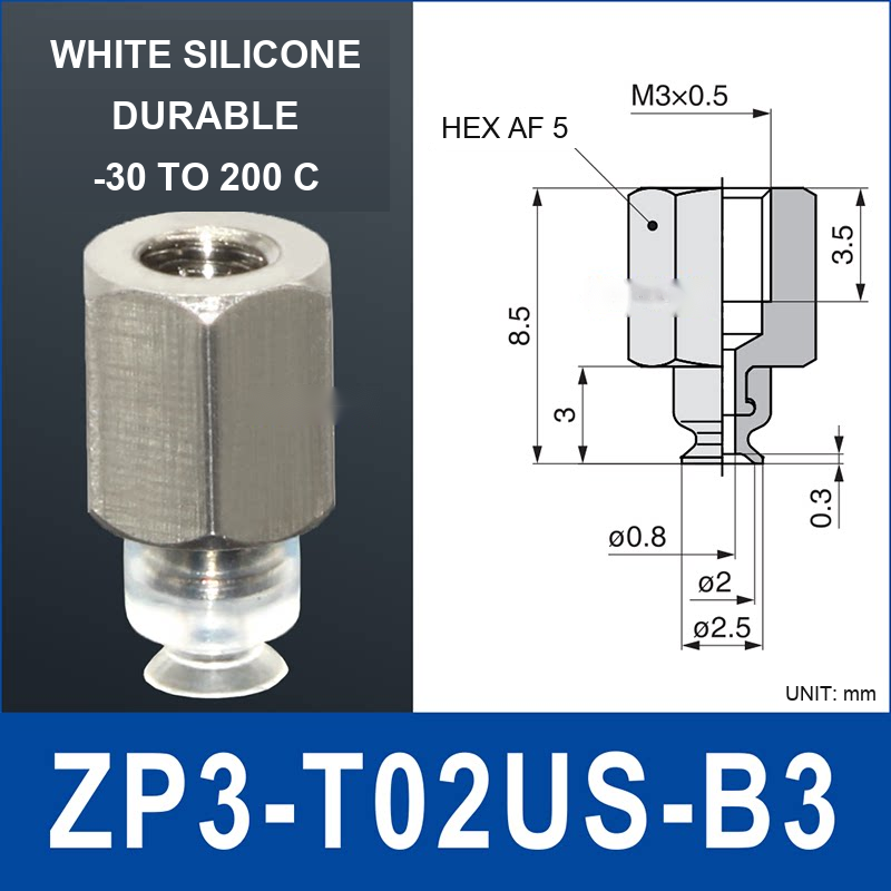 ZP3-T02US-B3 – White Silicone, vacuum cup with b3 female fitting, White Silicone, M3×0.5 Female, with technical dimensions