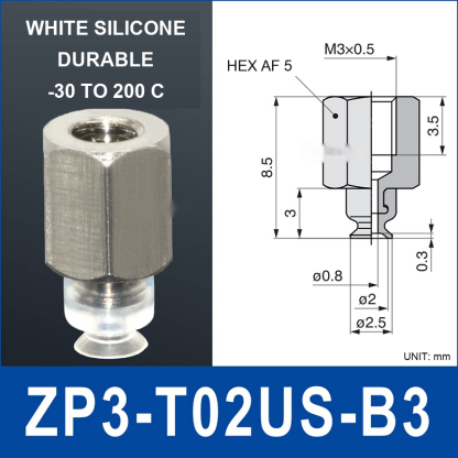 ZP3-T02US-B3 – White Silicone, vacuum cup with b3 female fitting, White Silicone, M3×0.5 Female, with technical dimensions