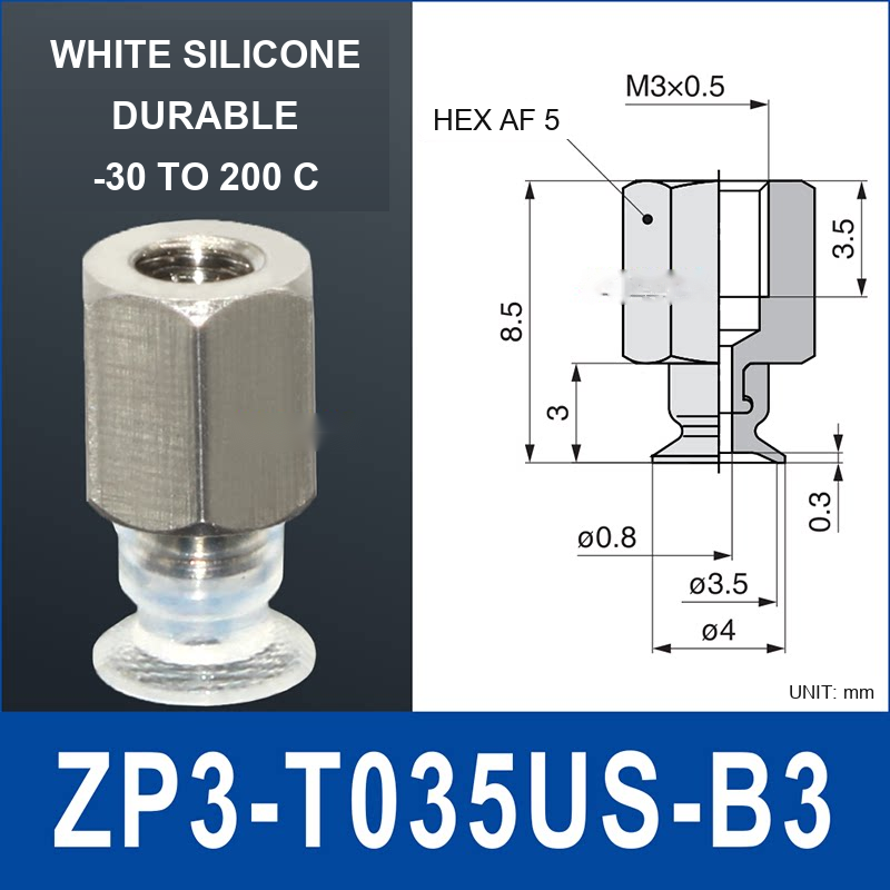 ZP3-T035US-B3 – White Silicone, vacuum cup with b3 female fitting, White Silicone, M3×0.5 Female, with technical dimensions