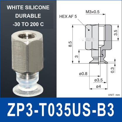 ZP3-T035US-B3 – White Silicone, vacuum cup with b3 female fitting, White Silicone, M3×0.5 Female, with technical dimensions