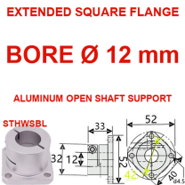 STHWSBL extended square flange aluminum open shaft support, 12 mm bore