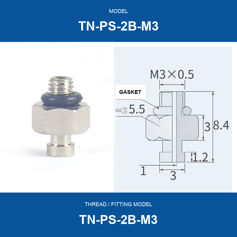 TN-PS-2B-M3 threaded vacuum cup mount fitting with product view and dimensional drawing