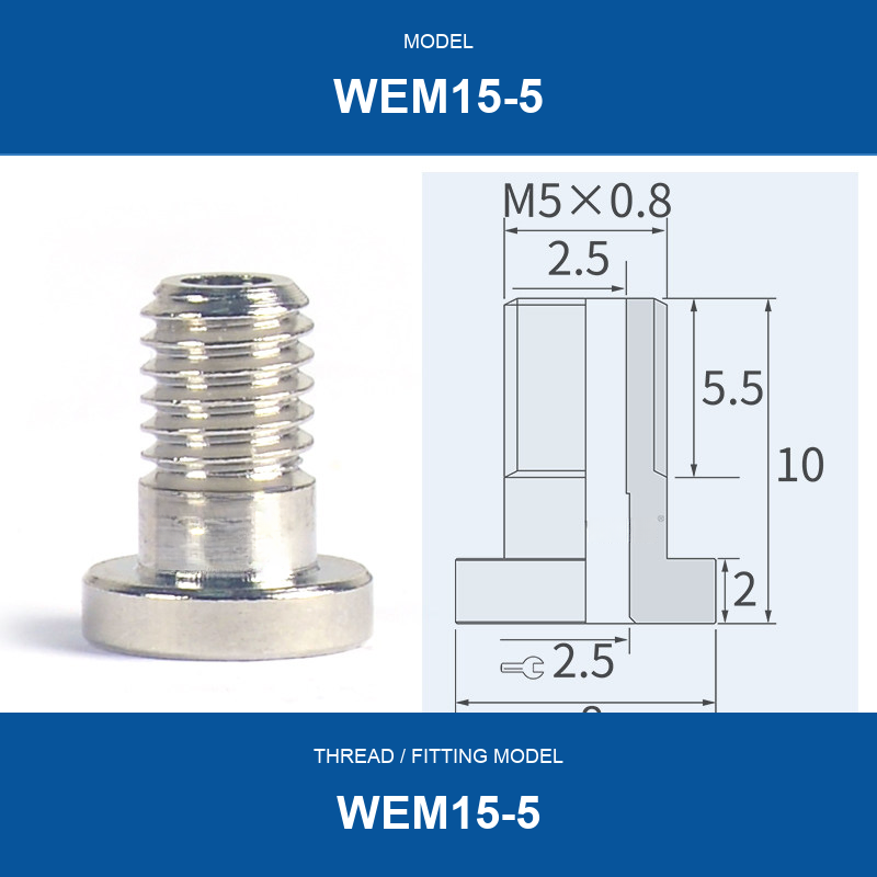 WEM15-5 threaded vacuum cup mount fitting with product view and dimensional drawing