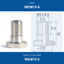 WEM15-5 threaded vacuum cup mount fitting with product view and dimensional drawing