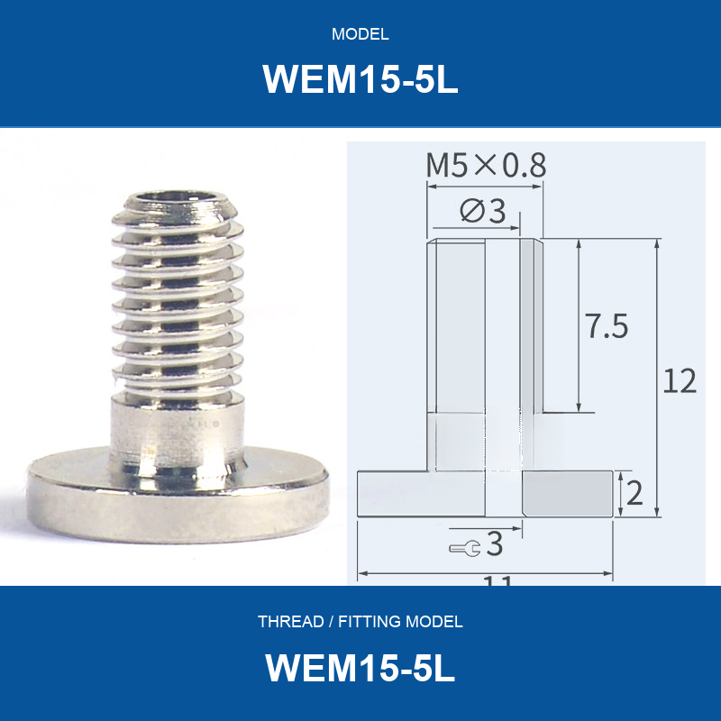 WEM15-5L threaded vacuum cup mount fitting with product view and dimensional drawing