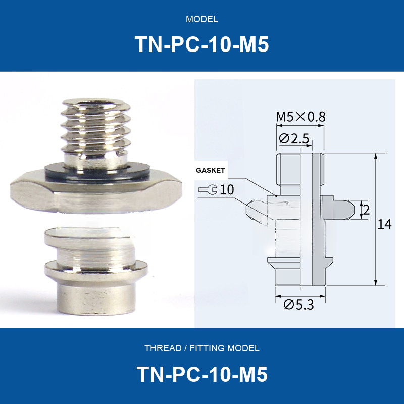 TN-PC-10-M5 threaded vacuum cup mount fitting with product view and dimensional drawing