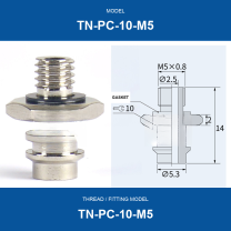 TN-PC-10-M5 threaded vacuum cup mount fitting with product view and dimensional drawing