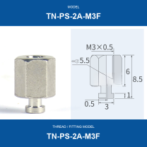 TN-PS-2A-M3F threaded vacuum cup mount fitting with product view and dimensional drawing