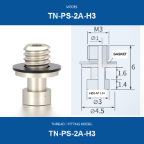 TN-PS-2A-H3 threaded vacuum cup mount fitting with product view and dimensional drawing