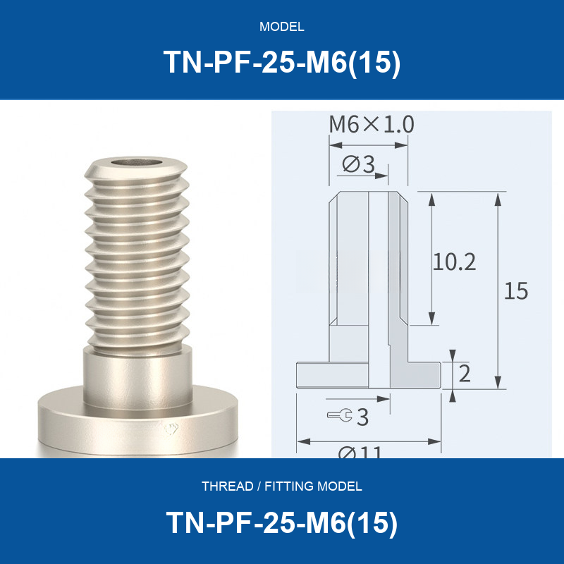 TN-PF-25-M6(15) threaded vacuum cup mount fitting with product view and dimensional drawing