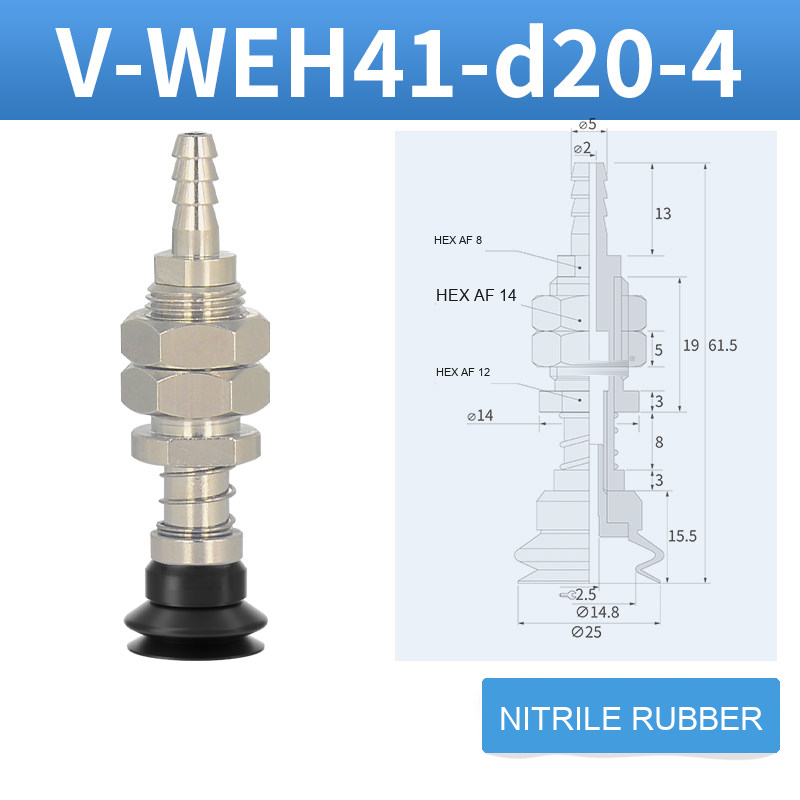 V-WEH41 / V-WEH42 Rear-Port Spring-Loaded Vacuum Cup Assemblies, 6–80 mm-BOLTTE