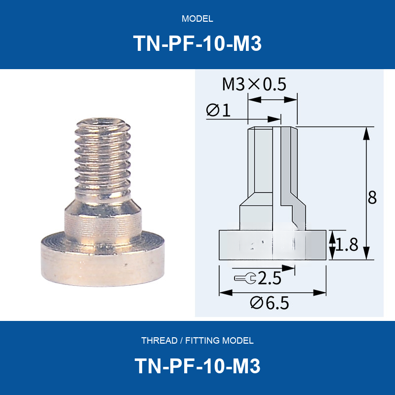 TN-PF-10-M3 threaded vacuum cup mount fitting with product view and dimensional drawing