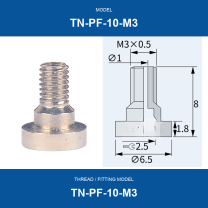 TN-PF-10-M3 threaded vacuum cup mount fitting with product view and dimensional drawing