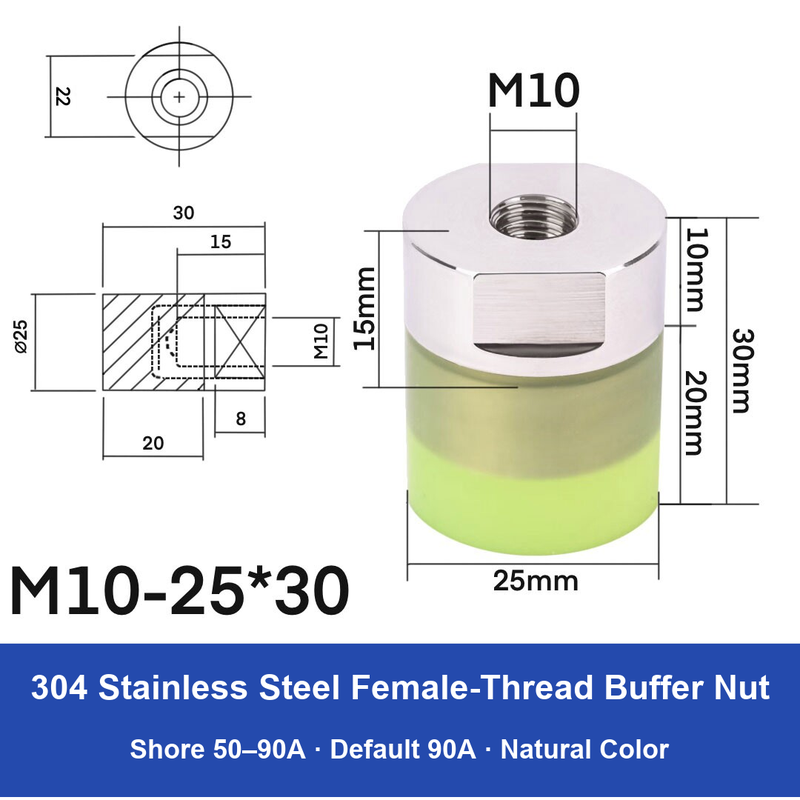 Female Thread M10 – Ø25 × 30 mm, 304 stainless steel polyurethane-coated buffer component