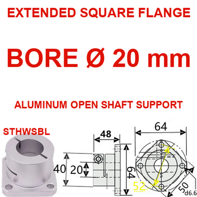 STHWSBL extended square flange aluminum open shaft support, 20 mm bore