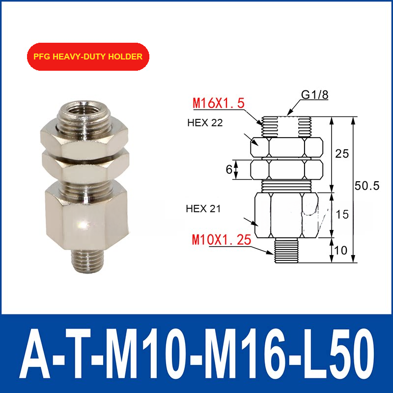 A-T-M10-M16-L50 PFG heavy-duty vacuum cup holder or buffer assembly with dimensional drawing