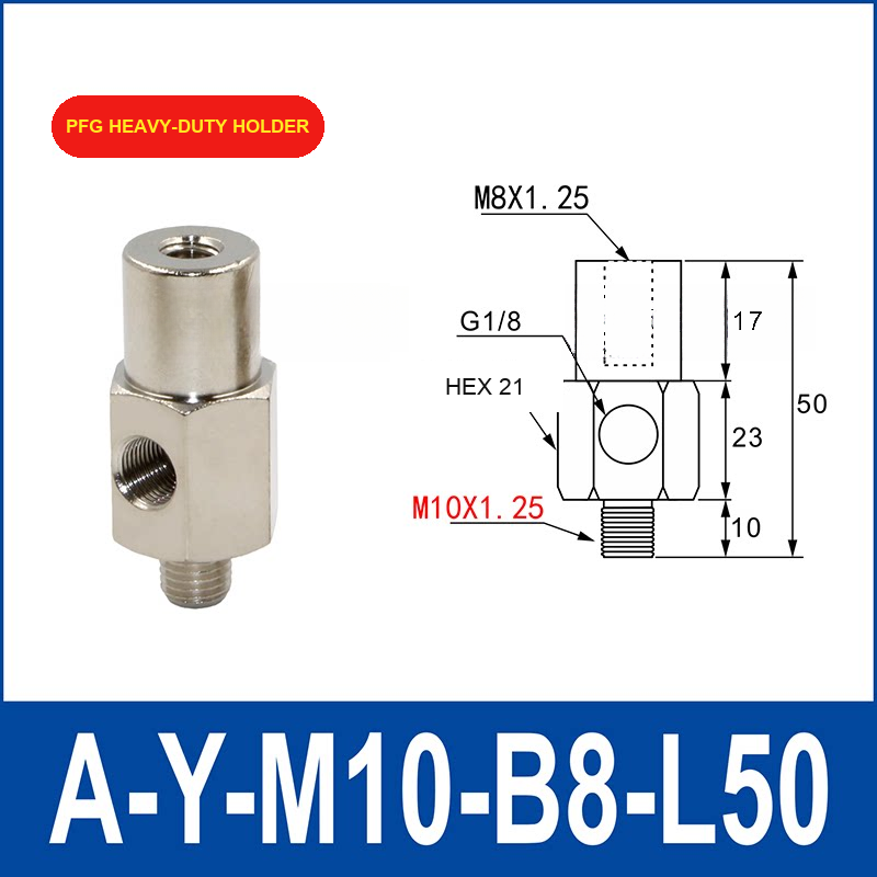 A-Y-M10-B8-L50 PFG heavy-duty vacuum cup holder or buffer assembly with dimensional drawing