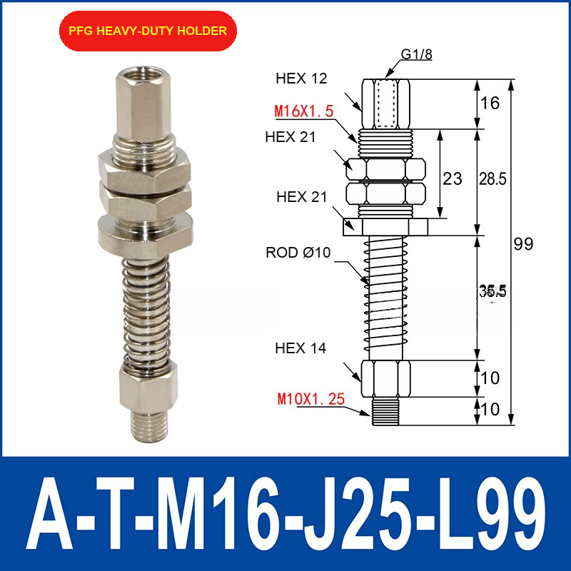 A-T-M16-J25-L99 PFG heavy-duty vacuum cup holder or buffer assembly with dimensional drawing