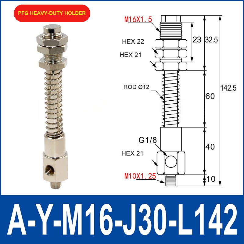 A-Y-M16-J30-L142 PFG heavy-duty vacuum cup holder or buffer assembly with dimensional drawing