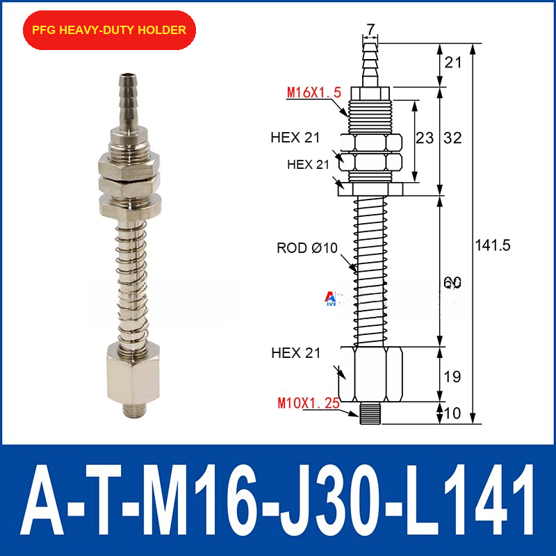 A-T-M16-J30-L141 PFG heavy-duty vacuum cup holder or buffer assembly with dimensional drawing
