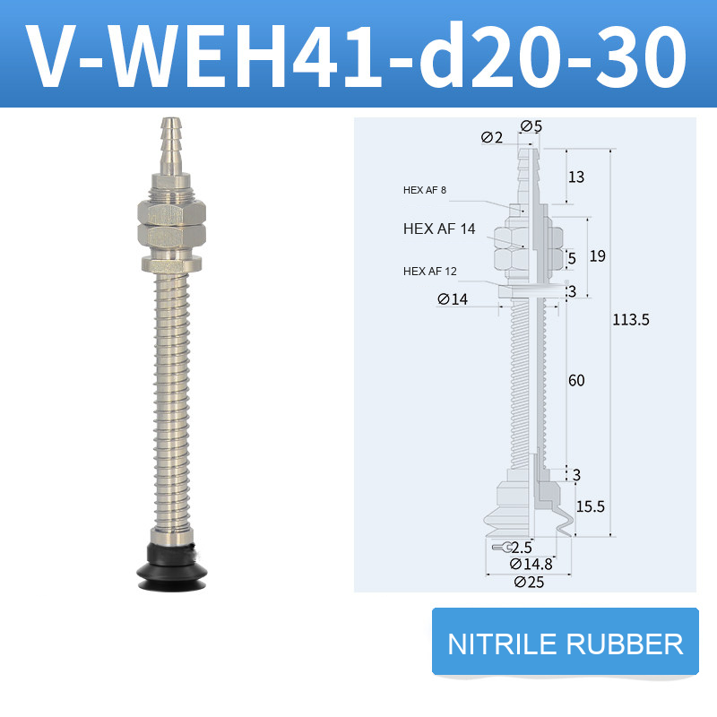 V-WEH41 / V-WEH42 Rear-Port Spring-Loaded Vacuum Cup Assemblies, 6–80 mm-BOLTTE