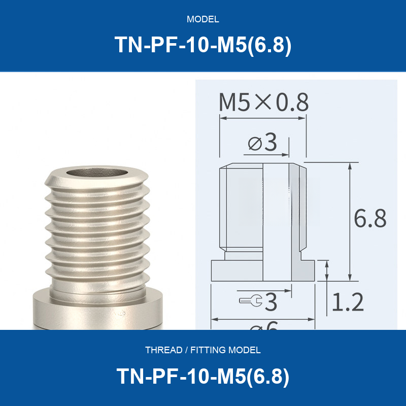 TN-PF-10-M5(6.8) threaded vacuum cup mount fitting with product view and dimensional drawing