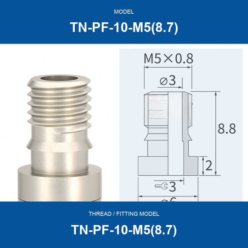 TN-PF-10-M5(8.7) threaded vacuum cup mount fitting with product view and dimensional drawing