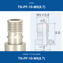 TN-PF-10-M5(8.7) threaded vacuum cup mount fitting with product view and dimensional drawing
