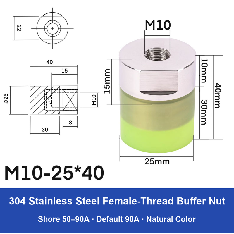Female Thread M10 – Ø25 × 40 mm, 304 stainless steel polyurethane-coated buffer component