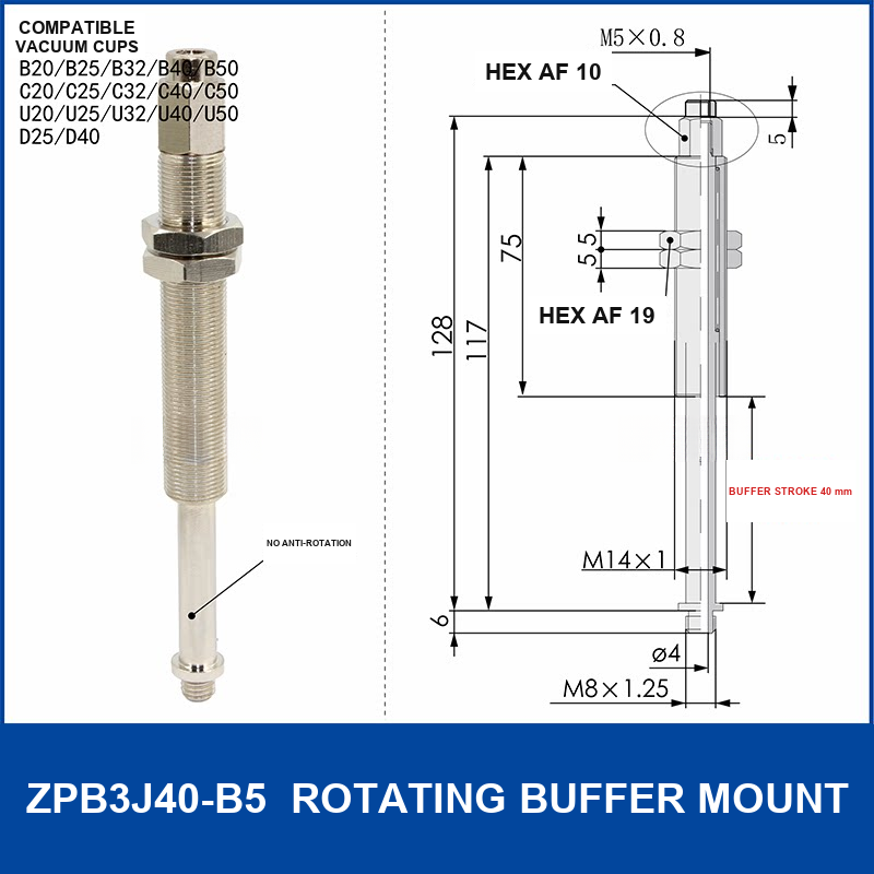 ZPB3J40-B5 rotating vacuum cup buffer mount, 40 mm selection, with product view and dimensional drawing